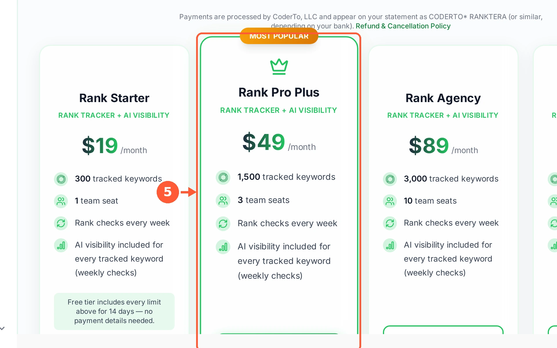 Step 5: Each plan card lists exactly what you get: how many keywords you can track, how many team seats you have, and how often ranks are checked. Pick one and your new allowance applies immediately.