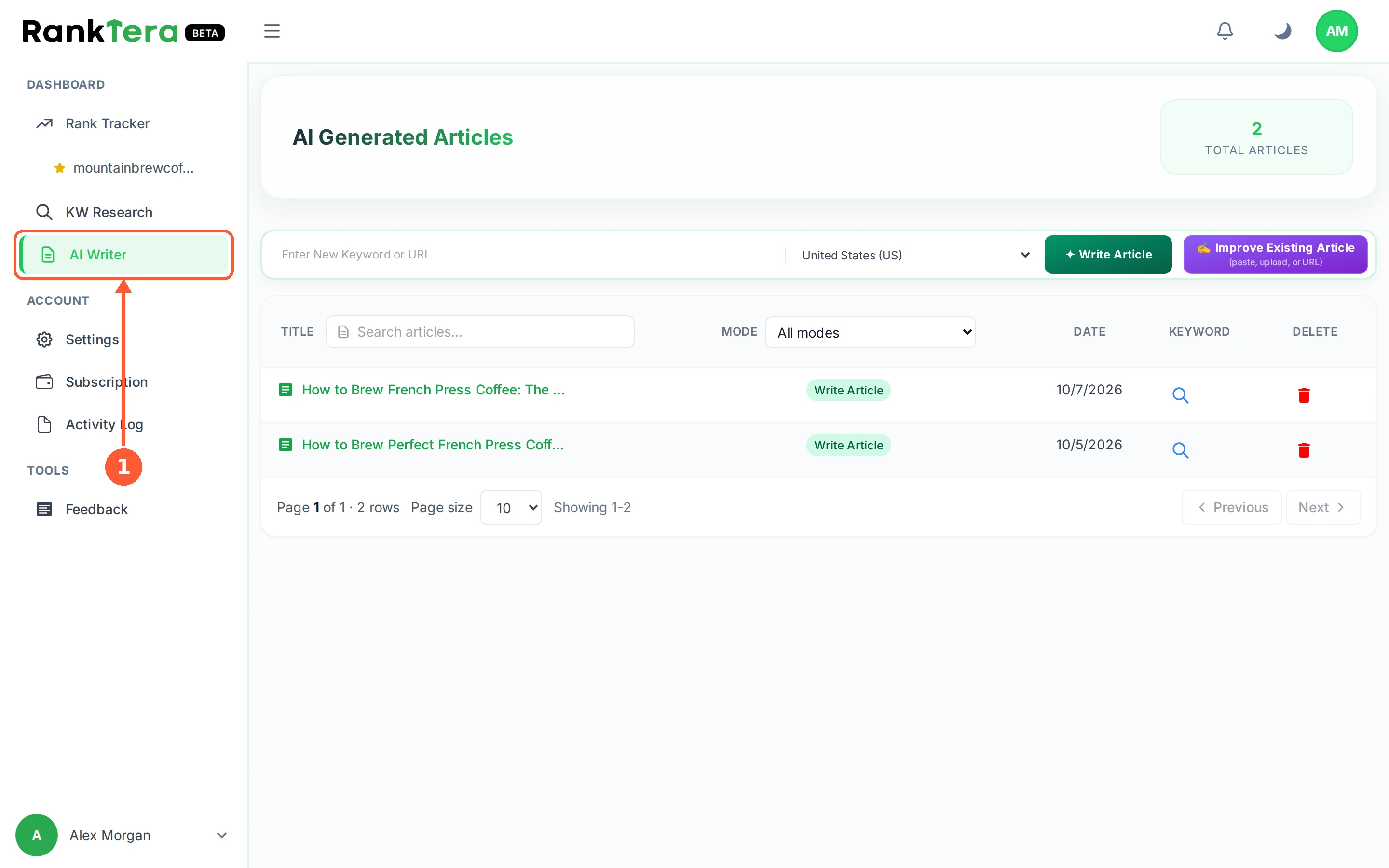 Step 1: In the left menu open AI Writer. Every article you have made is listed here.