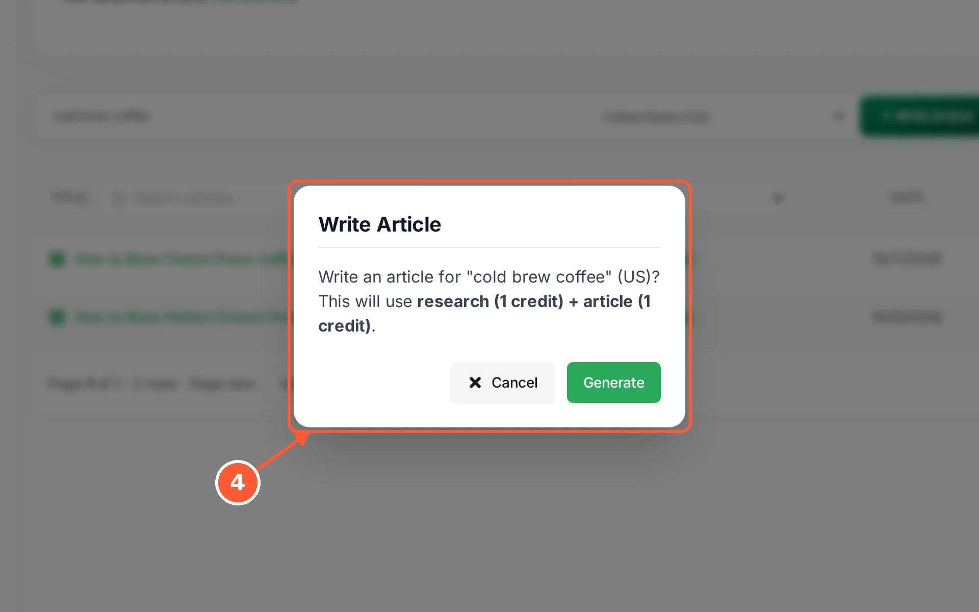 Step 4: RankTera confirms what it is about to do and what it costs: one research credit plus one article credit.