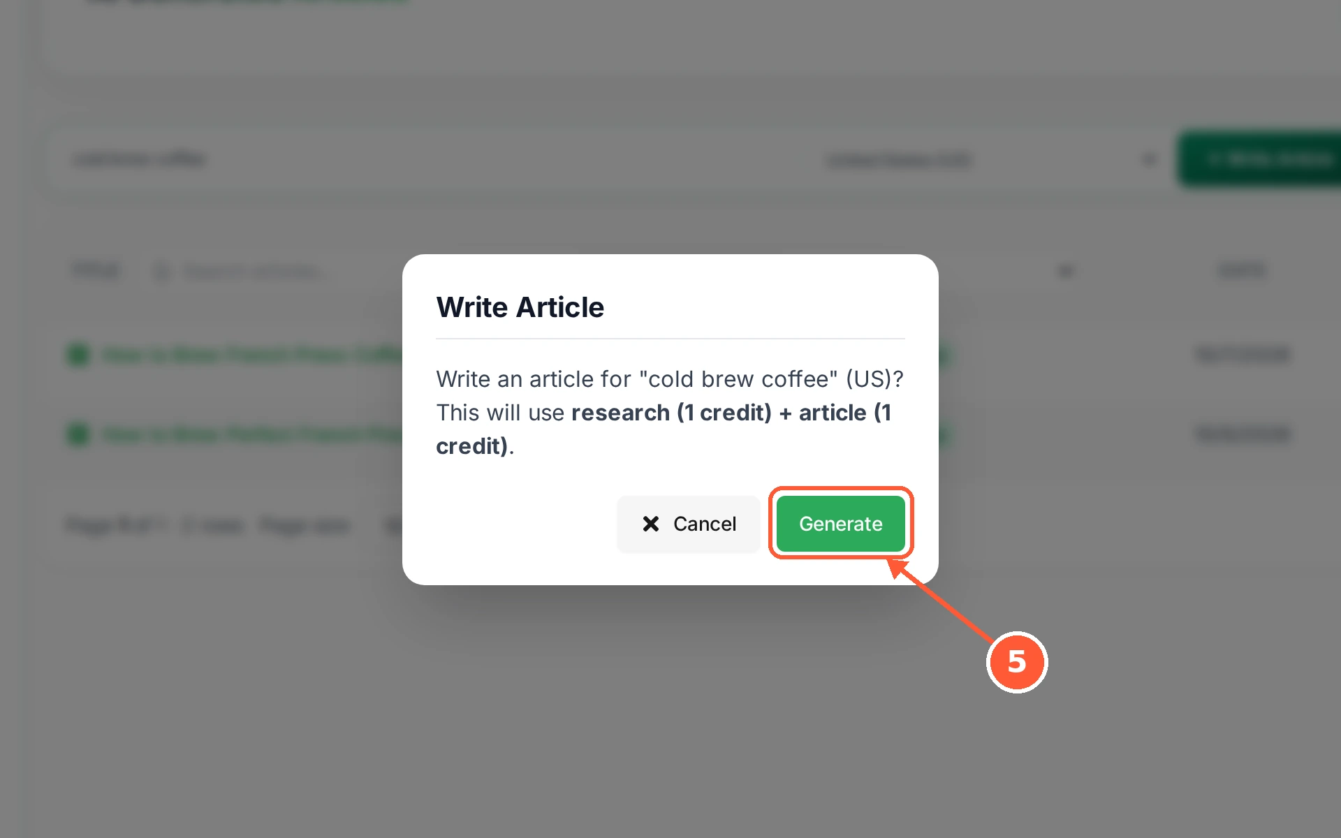Step 5: Click Generate. Researching and writing takes a few minutes, and the article joins the list when it is done.