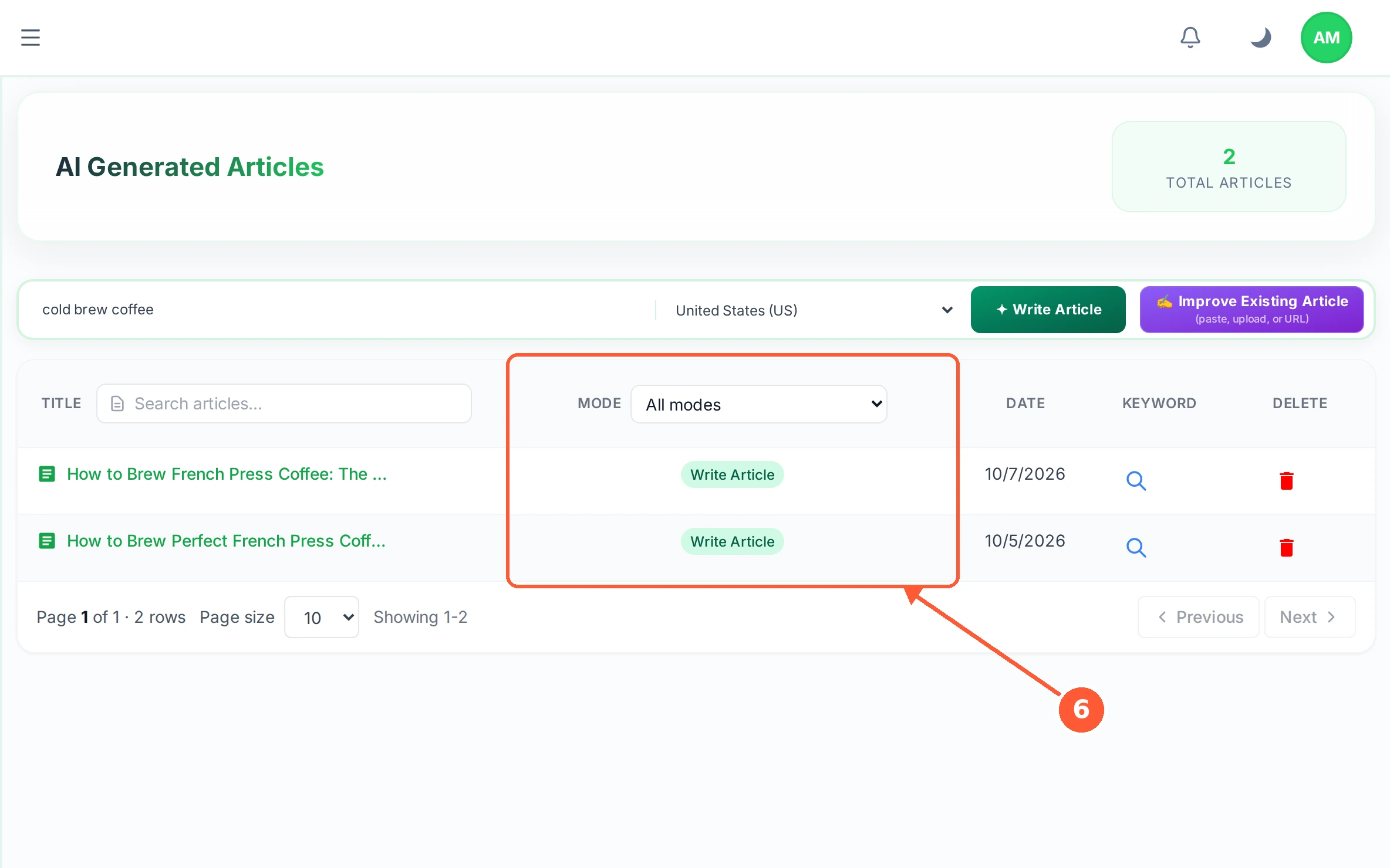 Step 6: Use MODE above the list to tell the kinds apart: written from scratch, regenerated, or an existing article improved.